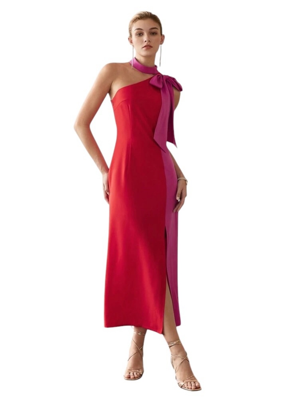 Shein MOTF Sz S Premium Asymmetrical Halter Neck Big Bow Detail Two Tone Dress